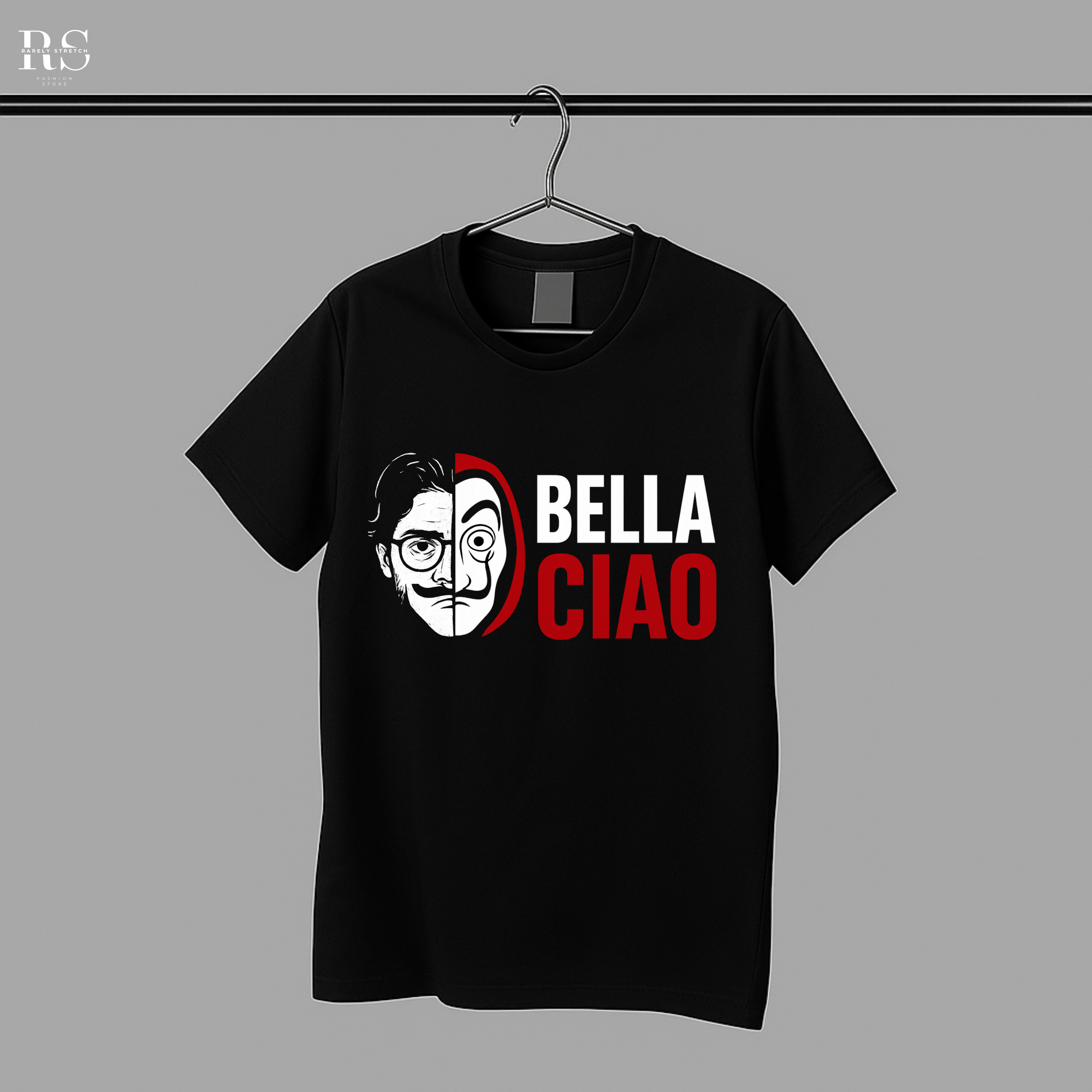 Black t-shirt with 'Bella Ciao' graphic design on a gray background