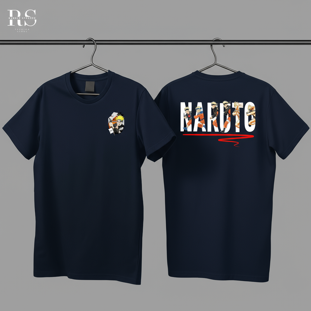 Blue t-shirts with graphic designs on hangers against a gray background