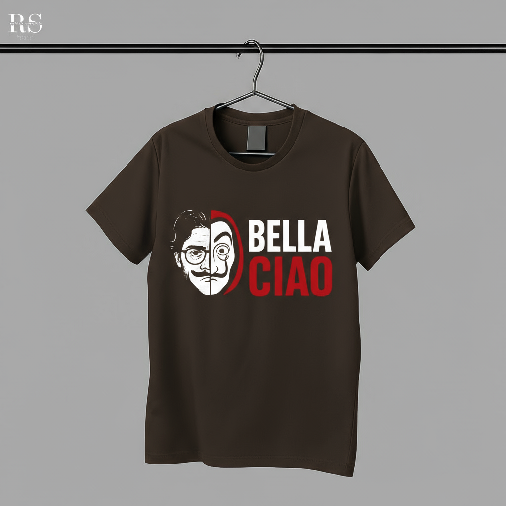 Brown t-shirt with a graphic design and 'Bella Ciao' text on a gray background