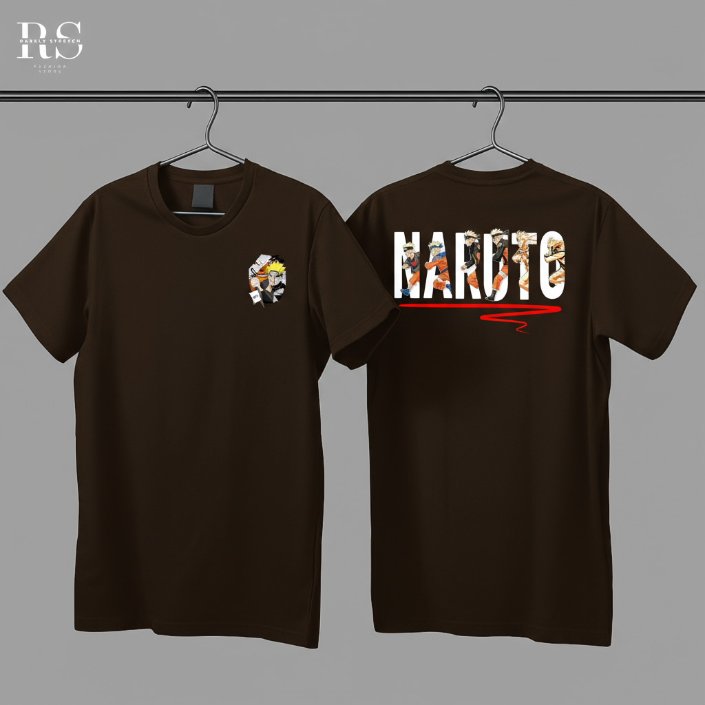 Brown t-shirt with 'NARUTO' graphic design on a gray background