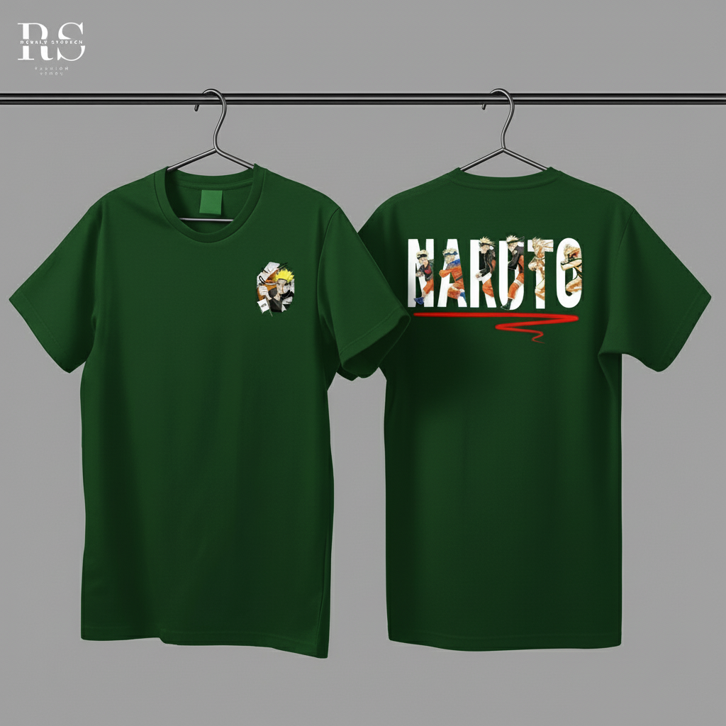 Green t-shirt with 'Naruto' design on a gray background