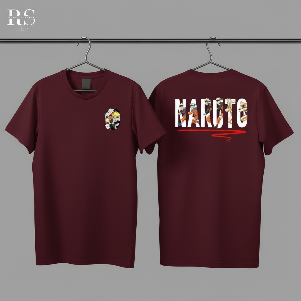 Maroon t-shirt with 'NARUTO' graphic design on a gray background
