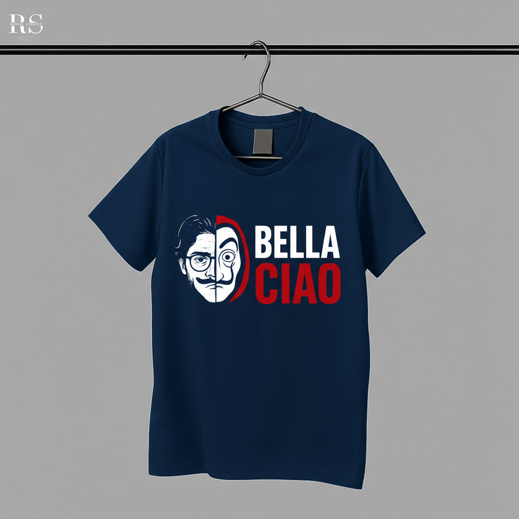 Navy blue t-shirt with 'Bella Ciao' graphic on a hanger against a gray background