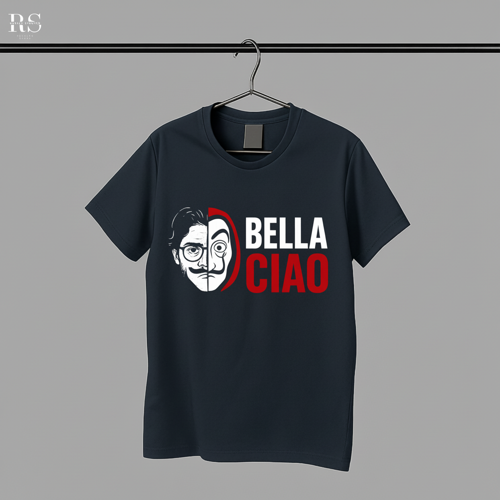 Royal Blue t-shirt with 'Bella Ciao' graphic design on a gray background